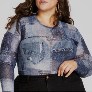 Parker Blue Denim Print Long Sleeve Top